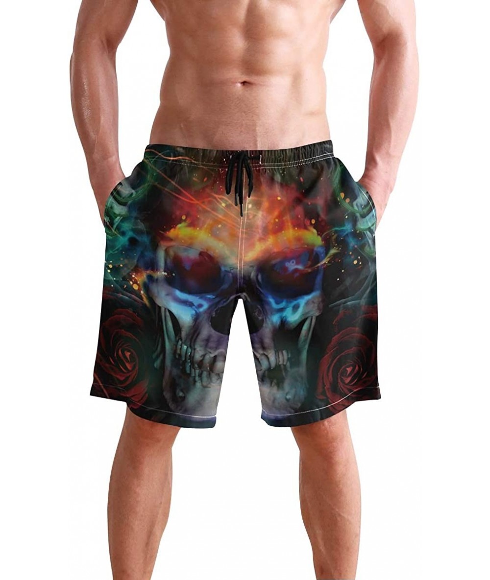 Trunks Water Digital Watercolor Men's Swim Trunks Beach Shorts with Pockets - Psychedelic Skull Skeleton - CJ18OAMTKMG $50.93