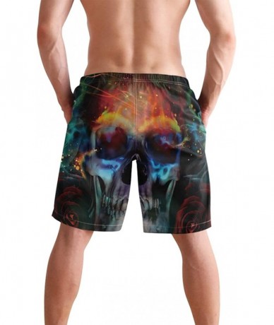 Trunks Water Digital Watercolor Men's Swim Trunks Beach Shorts with Pockets - Psychedelic Skull Skeleton - CJ18OAMTKMG $50.93