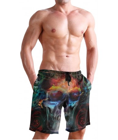 Trunks Water Digital Watercolor Men's Swim Trunks Beach Shorts with Pockets - Psychedelic Skull Skeleton - CJ18OAMTKMG $50.93