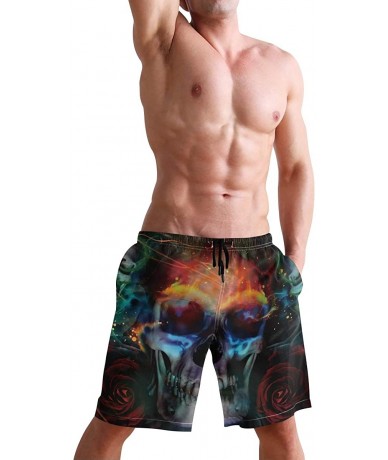 Trunks Water Digital Watercolor Men's Swim Trunks Beach Shorts with Pockets - Psychedelic Skull Skeleton - CJ18OAMTKMG $50.93