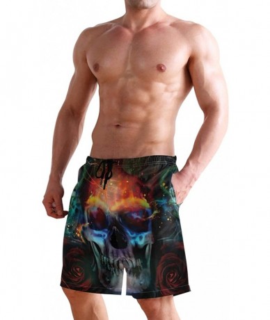 Trunks Water Digital Watercolor Men's Swim Trunks Beach Shorts with Pockets - Psychedelic Skull Skeleton - CJ18OAMTKMG $50.93