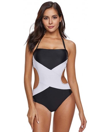 One-Pieces 1 Piece Swimsuits for Women Cut Out Padded Monokini Swimwear - Black White - CD18R8SUGLU $30.58