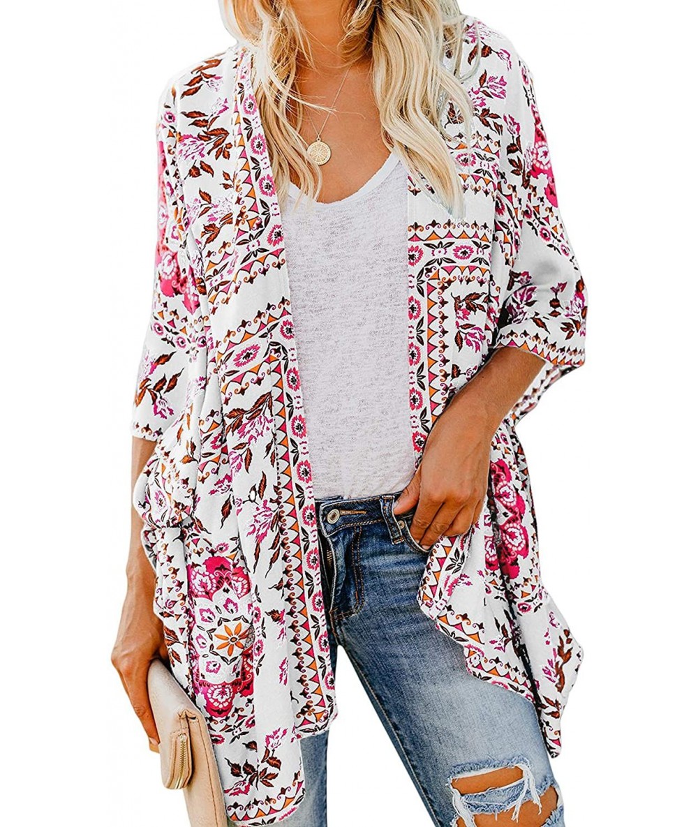 Cover-Ups Women's Kimono Cardigan Bohemian Floral Print Bikini Cover Up Open Front Loose Beach Cover up - White - CU193I20ELN...