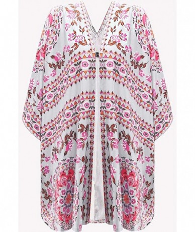 Cover-Ups Women's Kimono Cardigan Bohemian Floral Print Bikini Cover Up Open Front Loose Beach Cover up - White - CU193I20ELN...