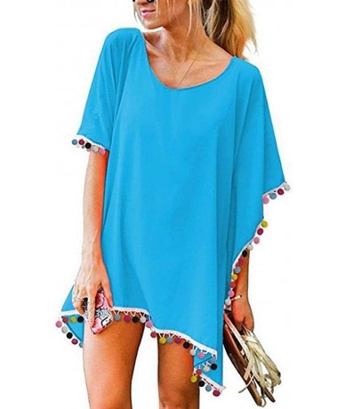 Cover-Ups Women Casual O-Neck Half Sleeve Solid Loose Beach Cover-up Swimwear Cover-Ups - Sky Blue - CW19722Q7D5 $77.56