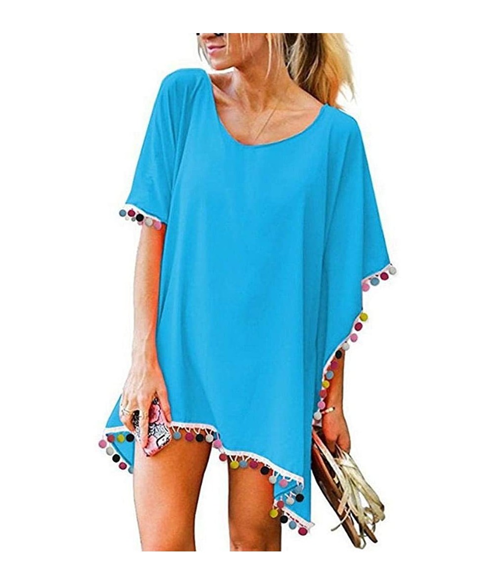 Cover-Ups Women Casual O-Neck Half Sleeve Solid Loose Beach Cover-up Swimwear Cover-Ups - Sky Blue - CW19722Q7D5 $77.56