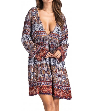 Cover-Ups Women Boho Dress Floral Printed Deep V-Neck Summer Beach Bohemian Sundress Loose Short Mini Dress - A-khaki - C018D...