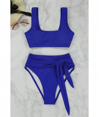 One-Pieces Women's Crop Top High Waisted Cheeky Bikini Set Two Piece Swimsuits - 06 - Royal Blue - CI199L7RMA6 $43.62