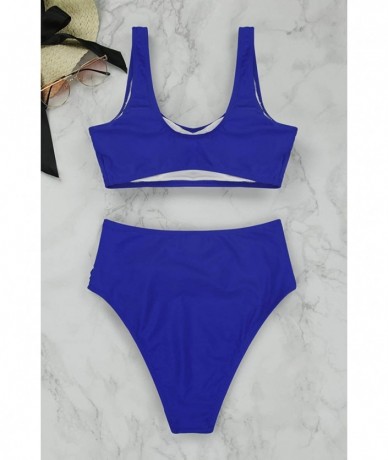 One-Pieces Women's Crop Top High Waisted Cheeky Bikini Set Two Piece Swimsuits - 06 - Royal Blue - CI199L7RMA6 $43.62