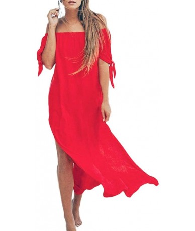 Cover-Ups Women Holiday Swimwear Cover Up Chiffon Summer Beach Off Shoulder Maxi Dress by Limsea - Hot Pink - C418G7ZCQ4Y $25.04