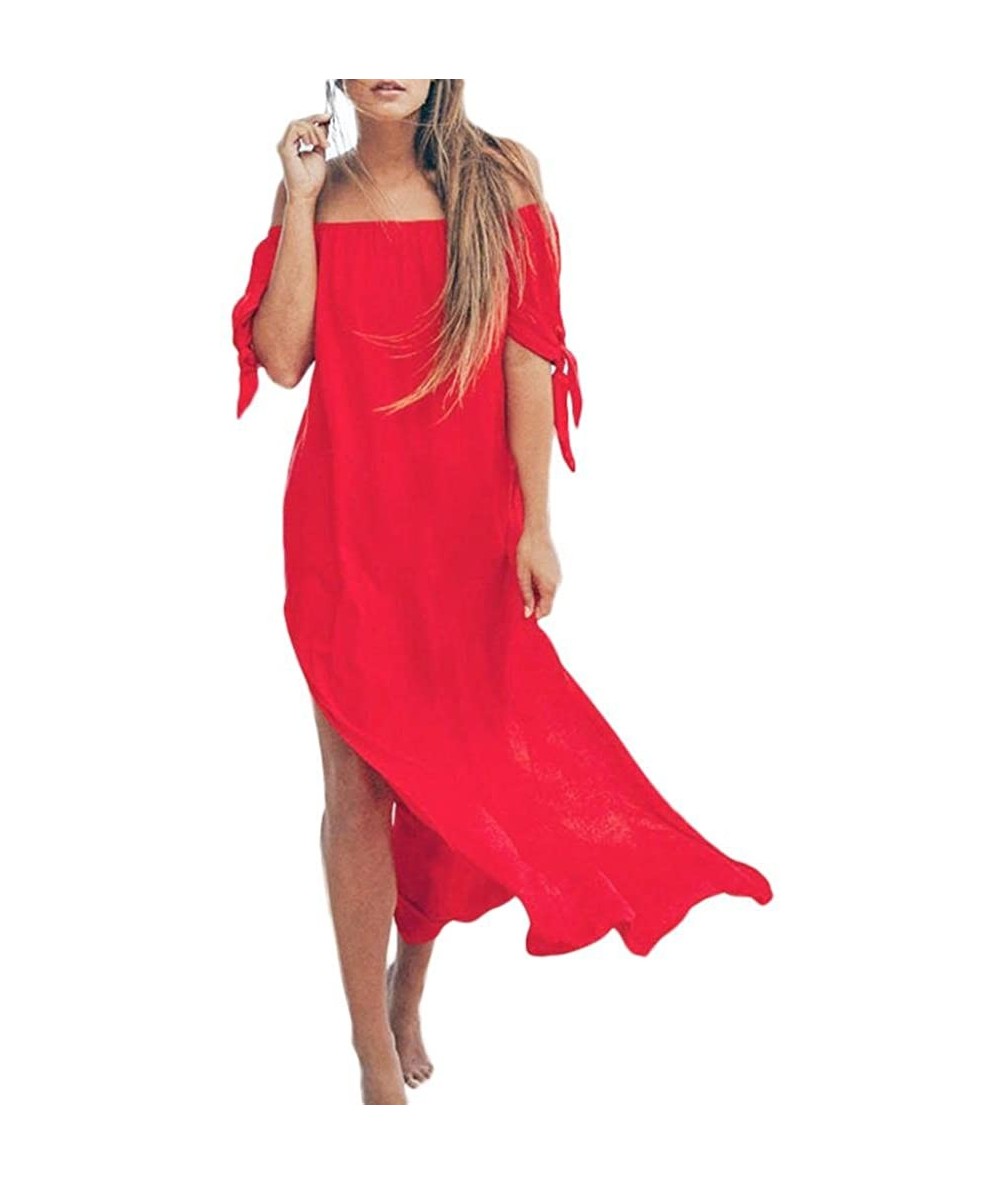 Cover-Ups Women Holiday Swimwear Cover Up Chiffon Summer Beach Off Shoulder Maxi Dress by Limsea - Hot Pink - C418G7ZCQ4Y $25.04