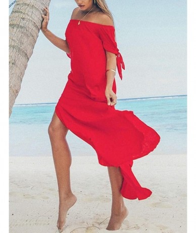 Cover-Ups Women Holiday Swimwear Cover Up Chiffon Summer Beach Off Shoulder Maxi Dress by Limsea - Hot Pink - C418G7ZCQ4Y $25.04