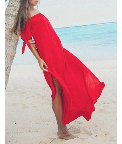 Cover-Ups Women Holiday Swimwear Cover Up Chiffon Summer Beach Off Shoulder Maxi Dress by Limsea - Hot Pink - C418G7ZCQ4Y $25.04