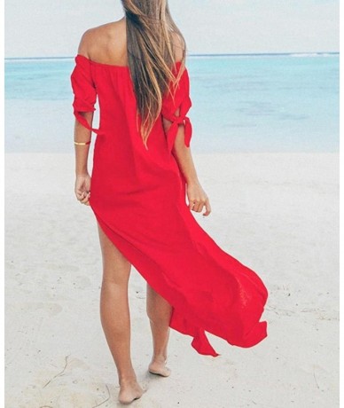 Cover-Ups Women Holiday Swimwear Cover Up Chiffon Summer Beach Off Shoulder Maxi Dress by Limsea - Hot Pink - C418G7ZCQ4Y $25.04