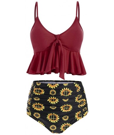 Tankinis Swimsuit Two Pieces Women Bathing Suits Racerback with High Waisted Sunflower Print Bottom Tankini Set - Red - C918U...