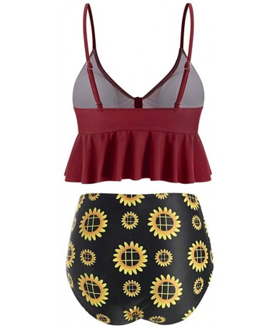 Tankinis Swimsuit Two Pieces Women Bathing Suits Racerback with High Waisted Sunflower Print Bottom Tankini Set - Red - C918U...