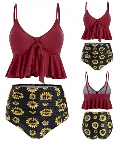 Tankinis Swimsuit Two Pieces Women Bathing Suits Racerback with High Waisted Sunflower Print Bottom Tankini Set - Red - C918U...