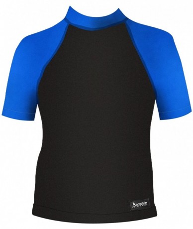 Rash Guards Short Sleeve Shirt with Color Accent- Grippers and Fuzzy Collar - Black/Blue - CJ114UX5AKJ $34.66