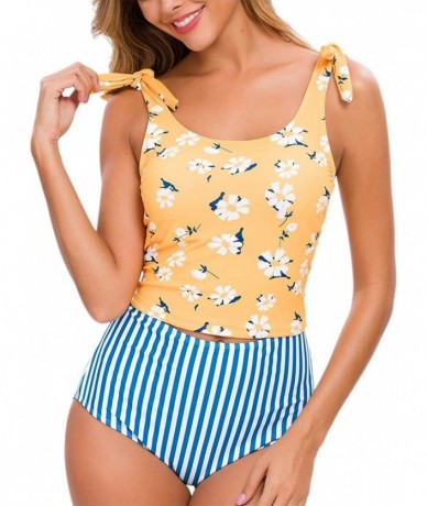 Sets Women's Swimsuit Two Piece Swimsuit Ruffle Print High Waist Bikini Sling Swimsuit Set - Yellow+blue1 - CQ196IGTOWE $34.85