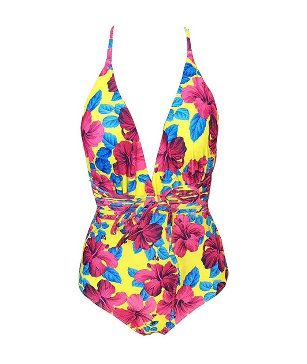 Sets Womens Spaghetti Strap Swimsuit Floral Printed Deep V Neck Beach Swimwear One Piece Bathing Set - Pink - CY196X62SGO $27.92