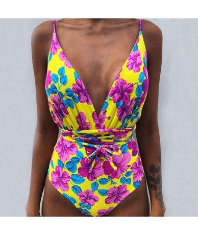 Sets Womens Spaghetti Strap Swimsuit Floral Printed Deep V Neck Beach Swimwear One Piece Bathing Set - Pink - CY196X62SGO $27.92