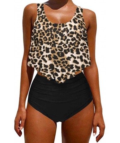 Sets Women Two Pieces Bathing Suit Top Ruffled Leopard Print with High Waisted Bottom Bikini Set Swimsuits Beachwear Black3 -...