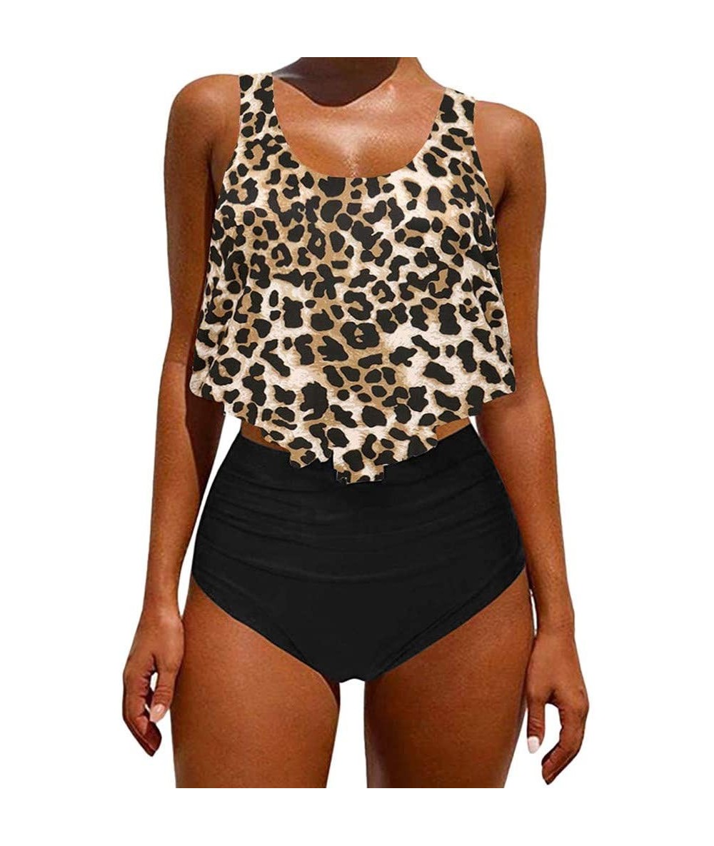 Sets Women Two Pieces Bathing Suit Top Ruffled Leopard Print with High Waisted Bottom Bikini Set Swimsuits Beachwear Black3 -...