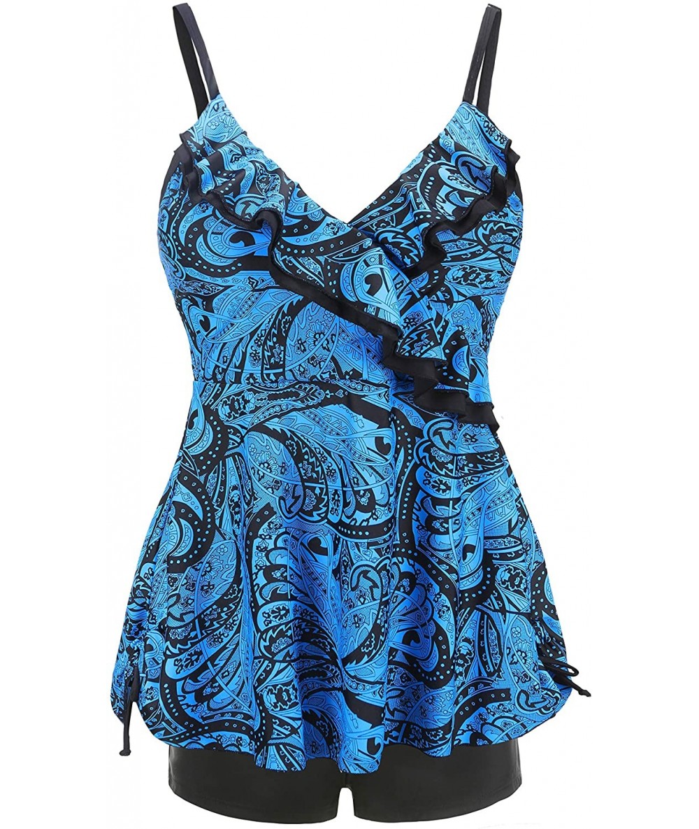 Sets Plus Size Swimsuit for Women Two Piece Tankini Bathing Suit Swimwear Floral Print - Dark Blue - C518RCO2024 $49.63