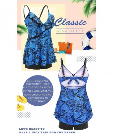 Sets Plus Size Swimsuit for Women Two Piece Tankini Bathing Suit Swimwear Floral Print - Dark Blue - C518RCO2024 $49.63