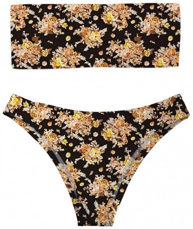 Sets Women Fashion Printed Bandeau Bikini Set Strapless High Cut Swimsuit - Flower 1 - CD18QW778WO $44.60