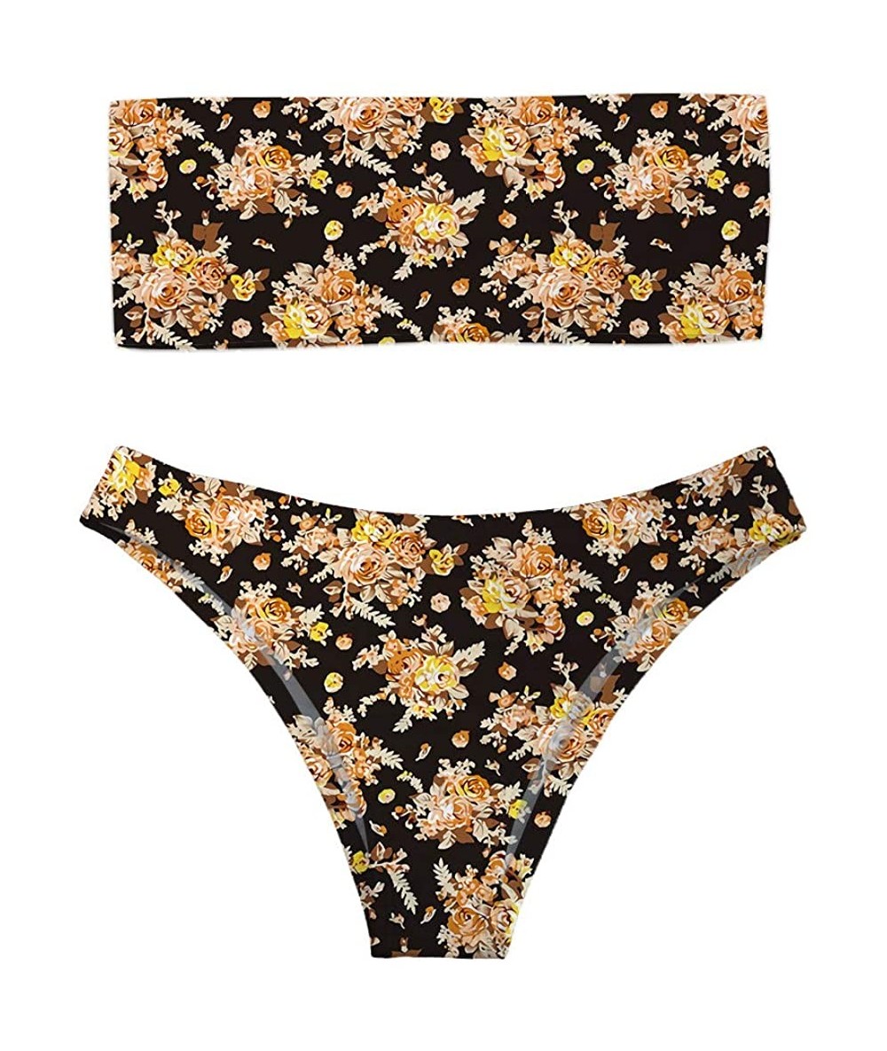 Sets Women Fashion Printed Bandeau Bikini Set Strapless High Cut Swimsuit - Flower 1 - CD18QW778WO $44.60