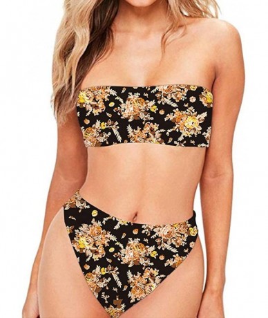 Sets Women Fashion Printed Bandeau Bikini Set Strapless High Cut Swimsuit - Flower 1 - CD18QW778WO $44.60