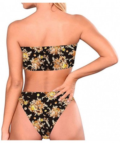 Sets Women Fashion Printed Bandeau Bikini Set Strapless High Cut Swimsuit - Flower 1 - CD18QW778WO $44.60