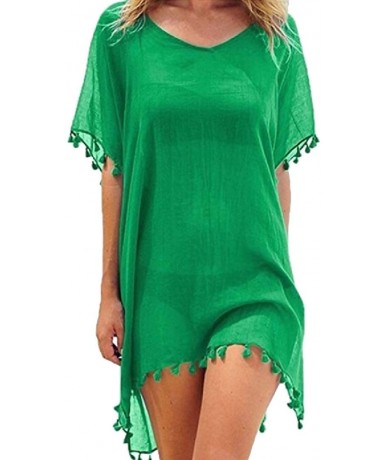 Cover-Ups Women's Swimsuits Beach Dress Mini Fringed Kaftan Chiffon Top Coverups - Green - CV190LOD2KO $42.21