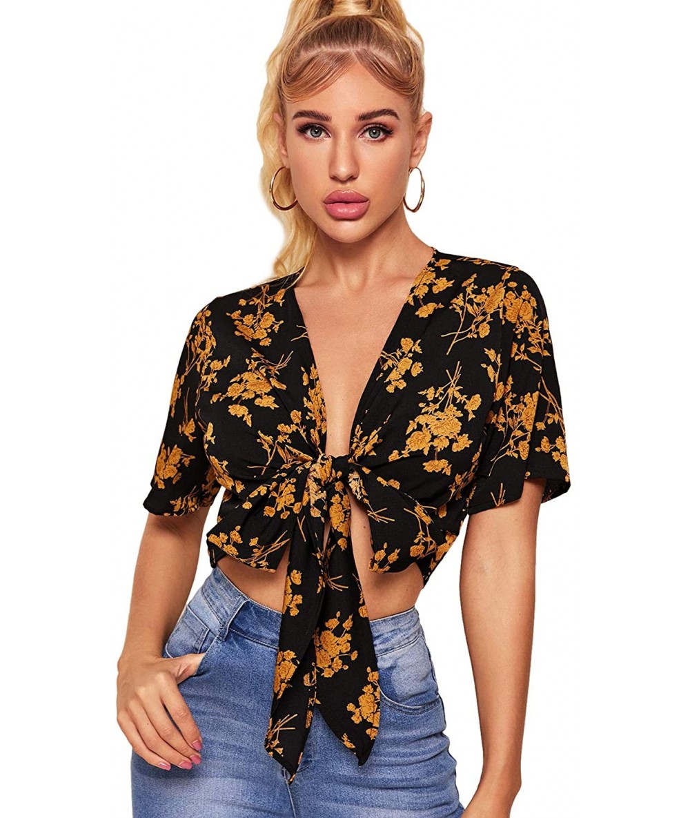 Cover-Ups Women's Summer Printed V Neck Bow Tie Crop Top Blouse - Black Gold - CV199RA69NL $40.98