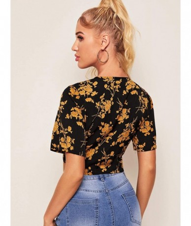 Cover-Ups Women's Summer Printed V Neck Bow Tie Crop Top Blouse - Black Gold - CV199RA69NL $40.98