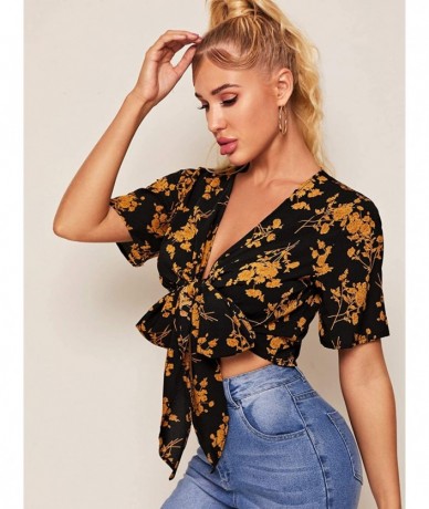 Cover-Ups Women's Summer Printed V Neck Bow Tie Crop Top Blouse - Black Gold - CV199RA69NL $40.98