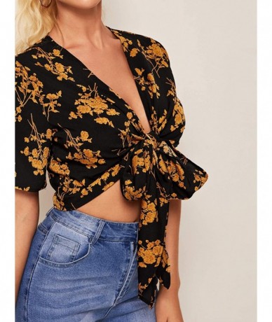 Cover-Ups Women's Summer Printed V Neck Bow Tie Crop Top Blouse - Black Gold - CV199RA69NL $40.98