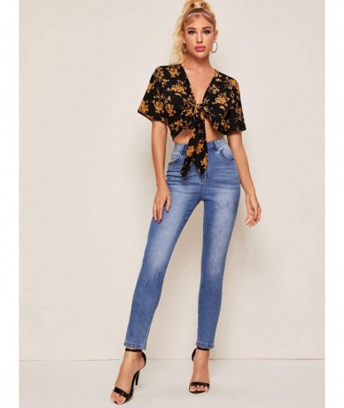 Cover-Ups Women's Summer Printed V Neck Bow Tie Crop Top Blouse - Black Gold - CV199RA69NL $40.98