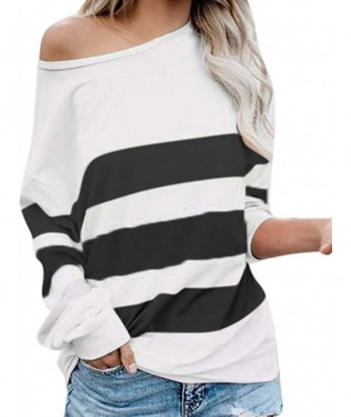 Cover-Ups Stripe Patchwork Tops for Womens Color Block Casual Long Sleeve Crewneck T Shirt Stitching Loose Blouses 1 Black - ...