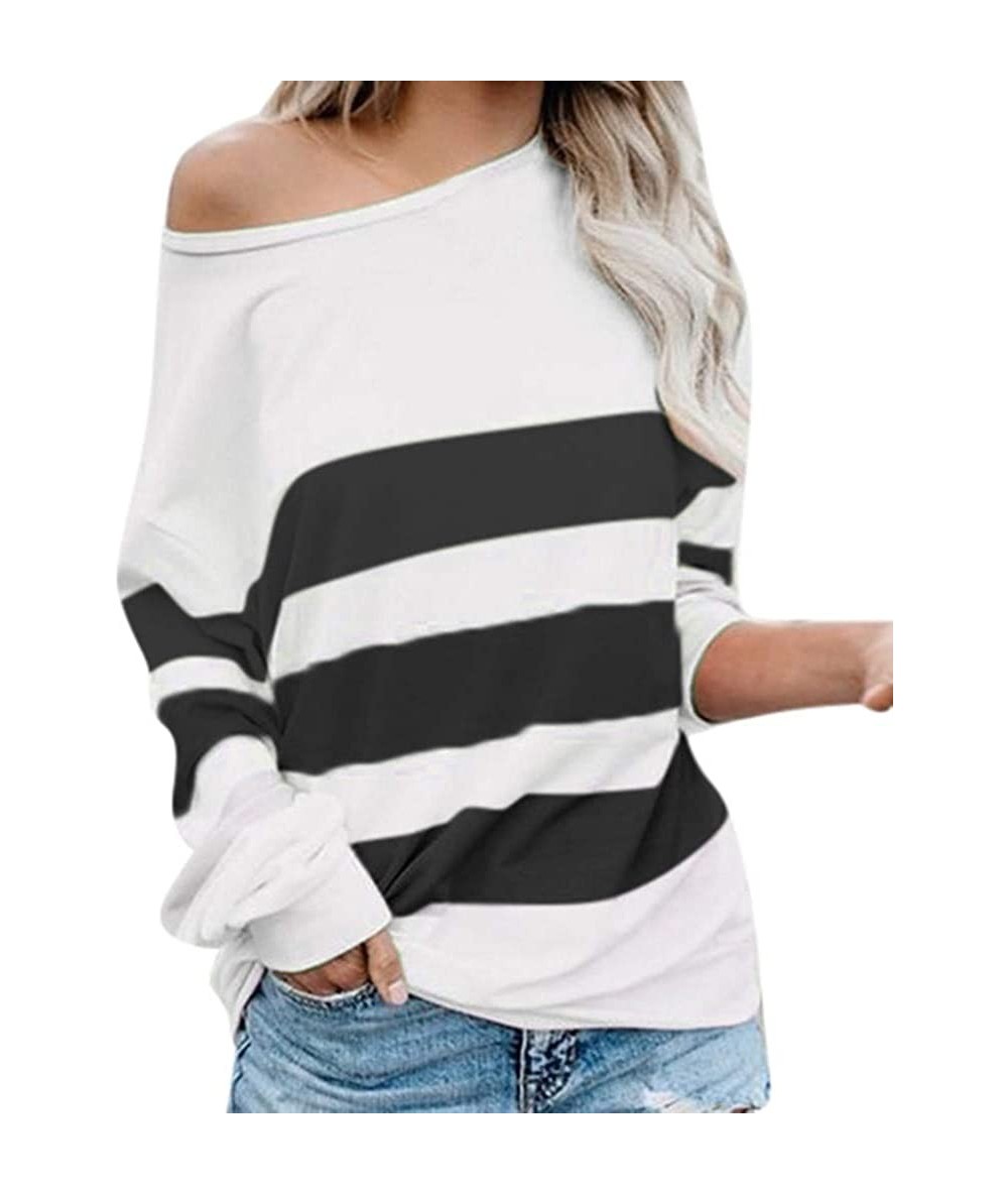 Cover-Ups Stripe Patchwork Tops for Womens Color Block Casual Long Sleeve Crewneck T Shirt Stitching Loose Blouses 1 Black - ...