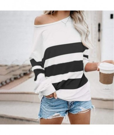 Cover-Ups Stripe Patchwork Tops for Womens Color Block Casual Long Sleeve Crewneck T Shirt Stitching Loose Blouses 1 Black - ...