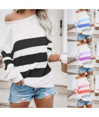 Cover-Ups Stripe Patchwork Tops for Womens Color Block Casual Long Sleeve Crewneck T Shirt Stitching Loose Blouses 1 Black - ...