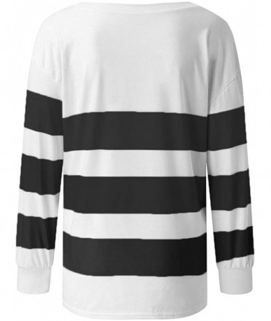 Cover-Ups Stripe Patchwork Tops for Womens Color Block Casual Long Sleeve Crewneck T Shirt Stitching Loose Blouses 1 Black - ...