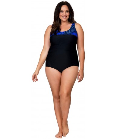 One-Pieces Women's Ruched Plus Size One Piece Swimsuit with Tummy Control - Blue/Blk - C118AQ0AX38 $69.40