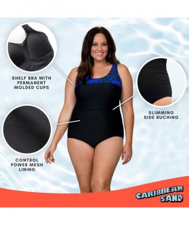 One-Pieces Women's Ruched Plus Size One Piece Swimsuit with Tummy Control - Blue/Blk - C118AQ0AX38 $69.40