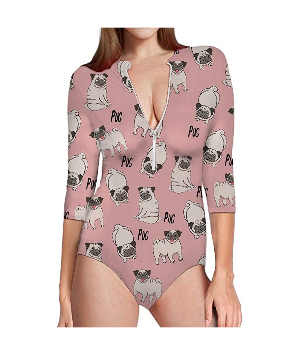 Rash Guards Sexy Womens Zip Front Rashguard 3/4 Sleeve Swimsuit Sun Protection Beachwear - Goofy Pug - CT18R9L0Q0D $54.50