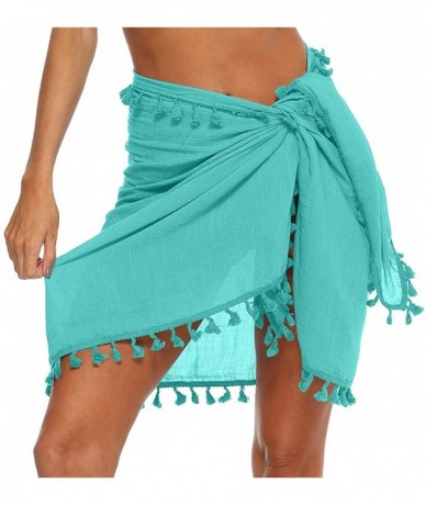 Cover-Ups Beach Sarong Pareo Women Semi Sheer Swimsuit Cover Ups Swimwear Wrap Short Skirts with Tassels - Cotton & Linen Sky...