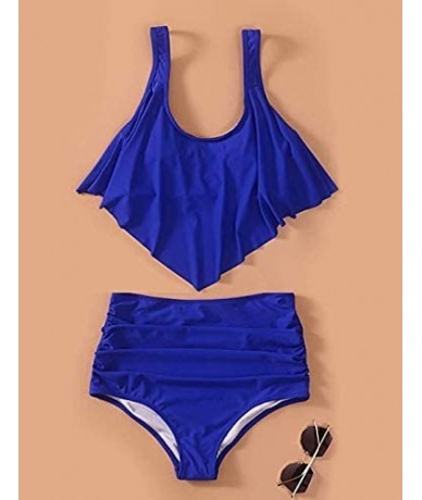 Racing Two Piece Bikini Set Swimsuits for Women Bathing Suit Ruched High Waisted Bikini Tankini Set Solid Blue Bathing Suit -...