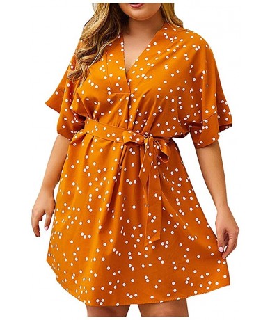 Racing Womens Plus Size Dress Dot Printing V-Neck Half Sleeve Bandage Casual Loose Ladies Midi Dress - Yellow - CH196ZC5W53 $...